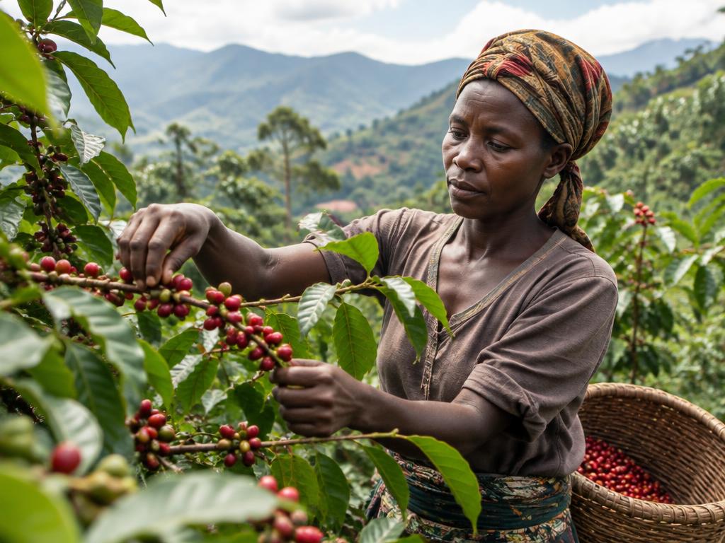 A woman in a patterned headwrap picking ripe red coffee cherries from a branch, with a woven basket of cherries beside her