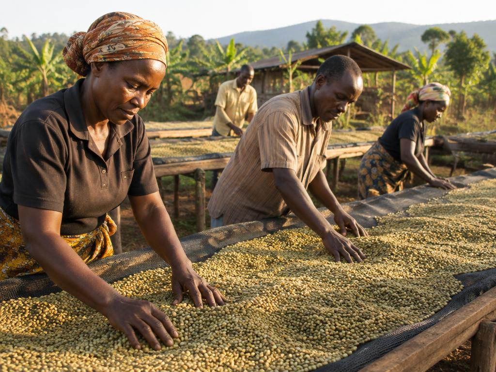 Farm workers turning coffee beans by hand across raised wooden drying beds in warm sunlight