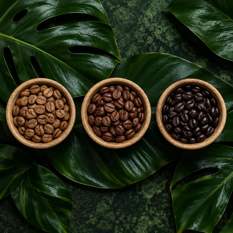 Three small wooden bowls of beans at different roast levels