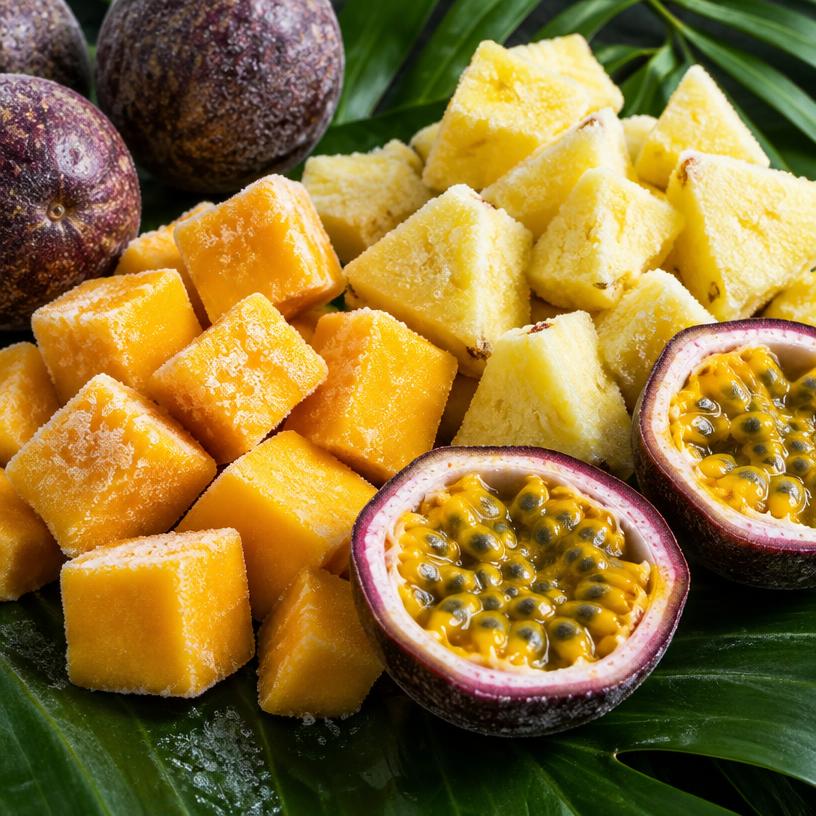 Frozen mango and pineapple chunks beside a halved passion fruit