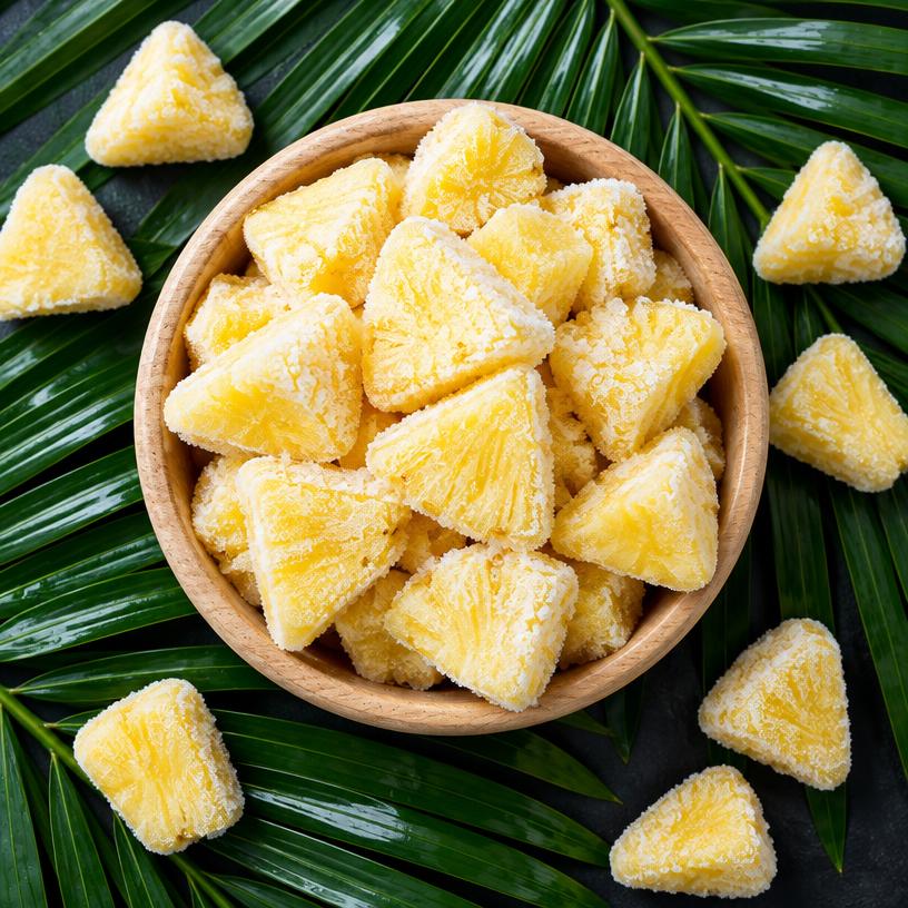 Frozen pineapple chunks with frost in a wooden bowl