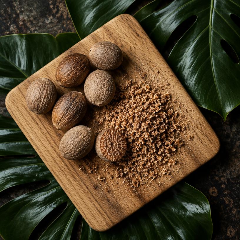 Whole nutmegs and grated spice on a wooden board