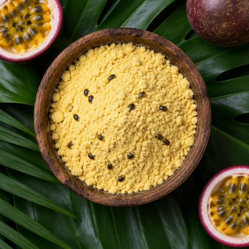 Pale yellow passion fruit powder in a wooden bowl with a few black seeds on dark tropical leaves