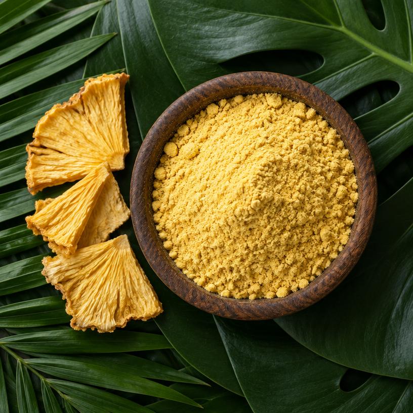Golden pineapple powder in a wooden bowl with dried pineapple pieces on dark tropical leaves