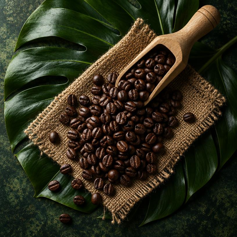 Roasted coffee beans spilling from a wooden scoop onto jute