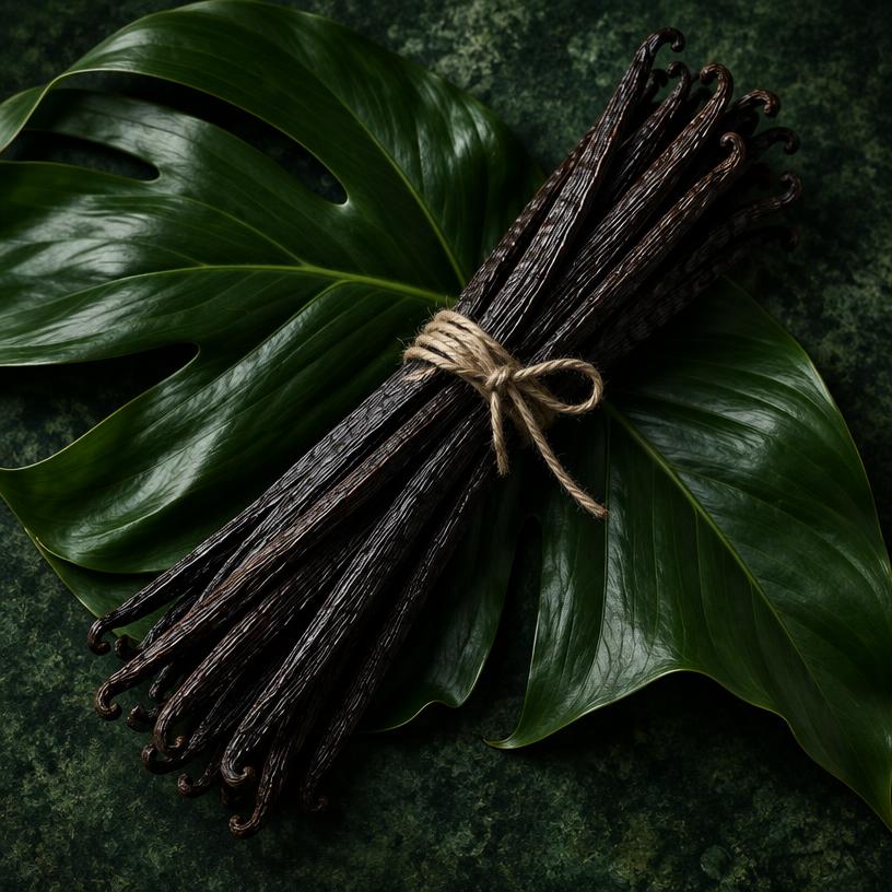A bundle of dark vanilla sticks tied with string on tropical leaves